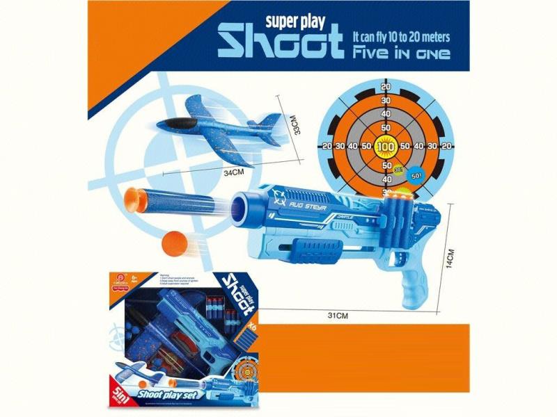 5-In-1 Multi-Functional Aircraft Gun (Blue + Light Blue) Soft Ammunition X6, Eva Balls X6, Target X1, Aircraft X1, Gun X1, Instruction Manual X1