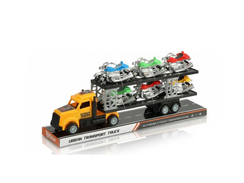 An Inertial American Tractor Truck Is Carrying Six Harley-Davidson Motorcycles