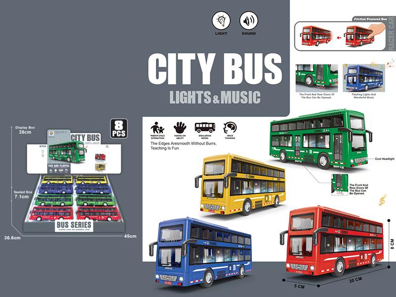 Friction Double-Decker City Buses With Sound And Lights 8pcs/Box