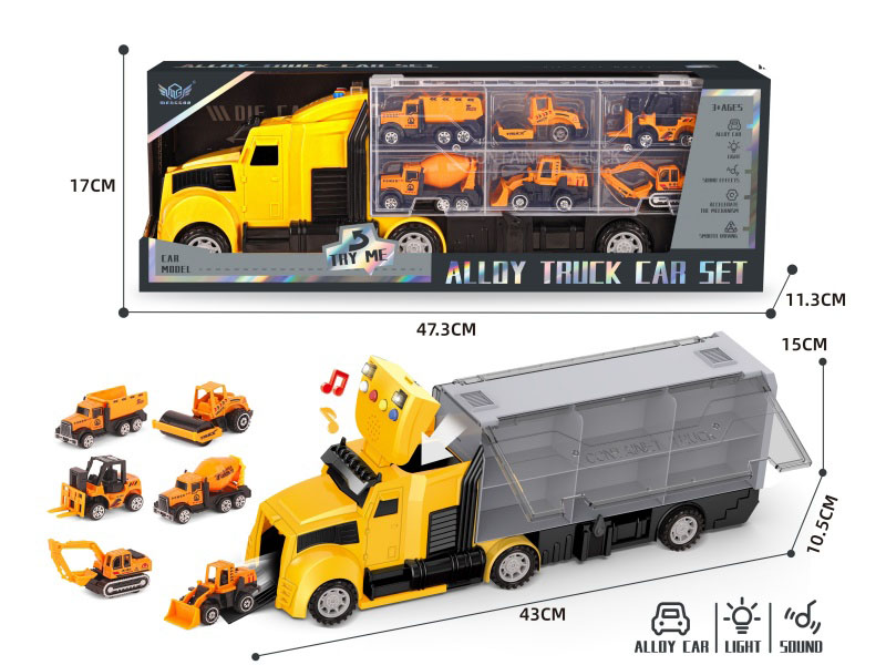 Engineering Long-Nosed Container Truck + Yellow Engineering Vehicle Series Alloy Vehicle