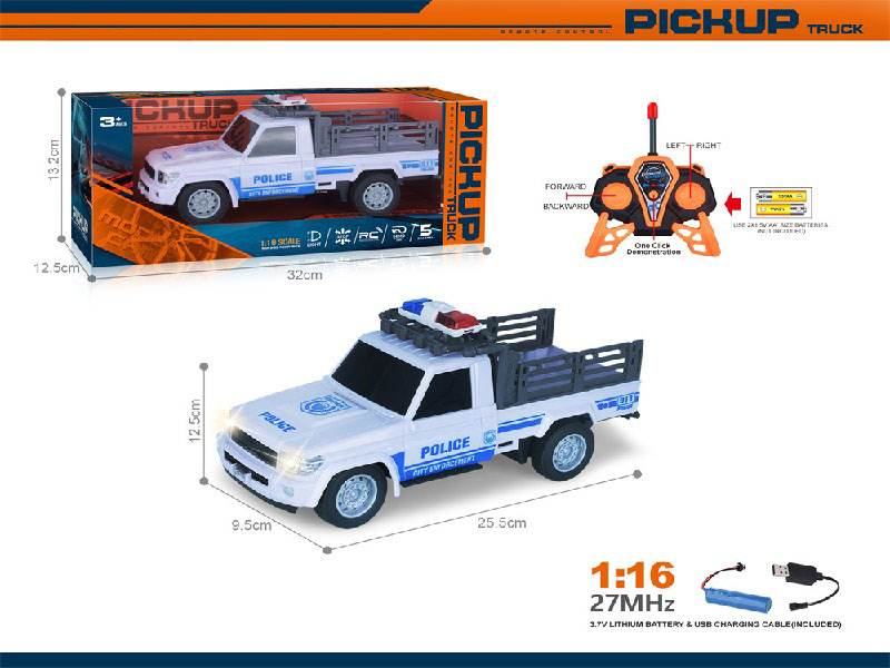 27Mhz 1:16 Five-Way Remote-Controlled Pickup Police Car With Front Headlights One-Click Demonstration (Including Electricity)