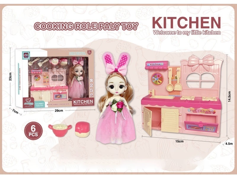 Play House Kitchen Utensils + 6-Inch Doll Set (Pink)