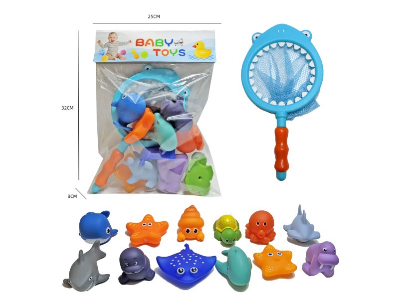 Shark Fishing Net + Soft Rubber Single-Color-Changing Ocean Set (13-Piece Set) Cross-Border Bathroom Fish Fishing Toys, Bathing Toys, Fish Fishing And Bathing Toys, Water Play Children'S Rubber Animal