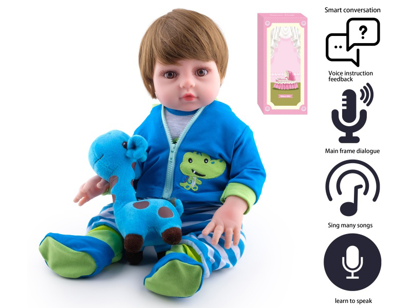 45cm Soft Plastic Reborn Doll(Wig Sheath)With Feeding-Bottle, Magnetic Pacifier, Diaper, Birth Card, Giraffe, With Intelligent Conversation And Recording Functions
