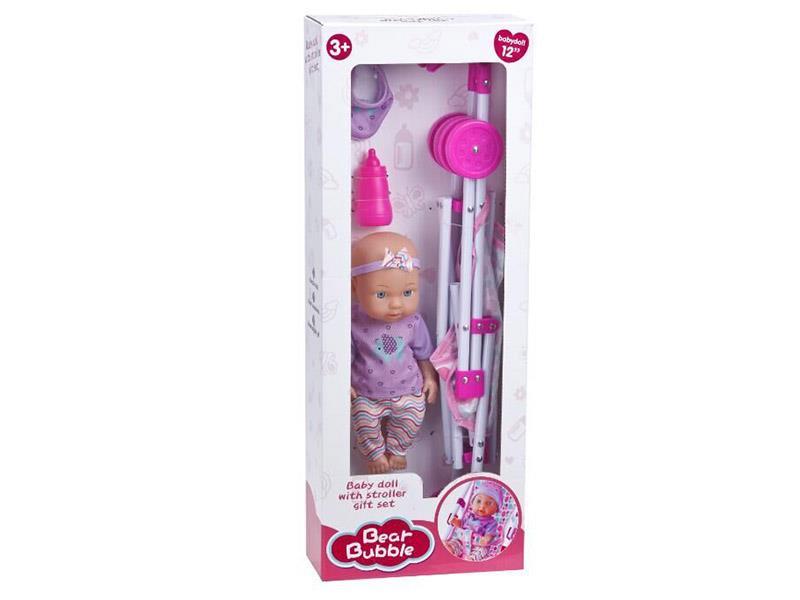 12" Blow Molding Doll + Plastic Stroller + Feeder + Bib