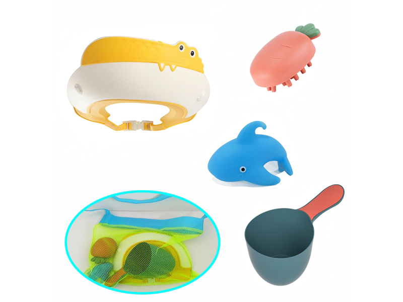 Baby Bath Set(Shampoo Cup + Bath Brush + Vinyl Shark + Bath Cap)