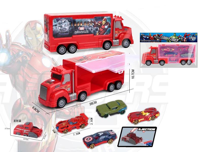 Friction Iron Man Storage Carrier Truck + 4pcs 7.5cm Slide Alloy Cars + Launcher