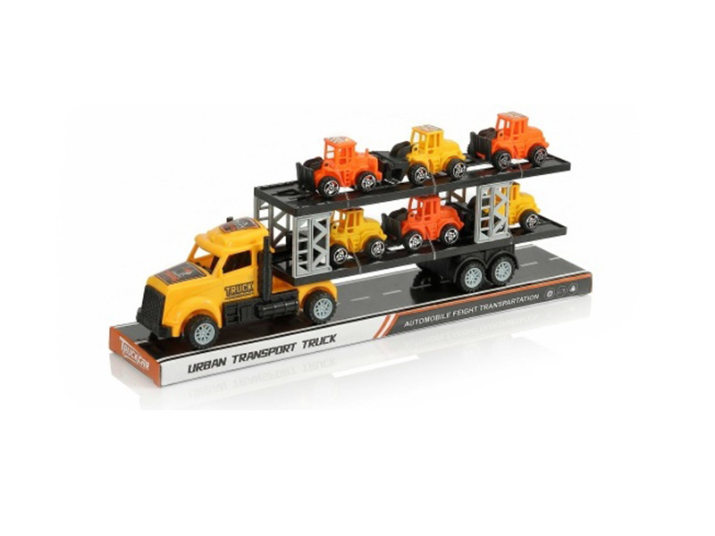 An Inertial American-Style Tractor Truck Is Carrying Six Engineering Vehicles