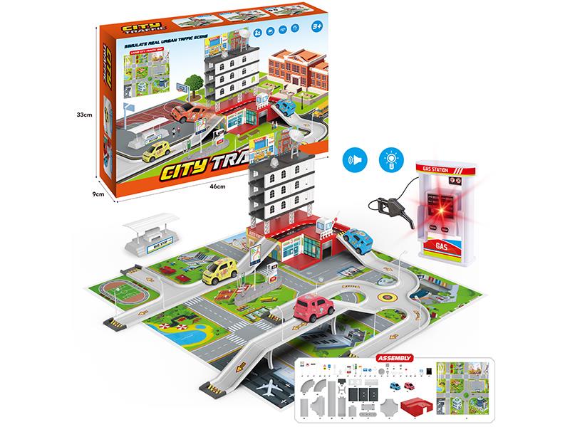 Simulation Track Ctiy Traffic Scene Set(Gas Station Model With Lights And Music, 2 Pull Back Cartoon Cars)