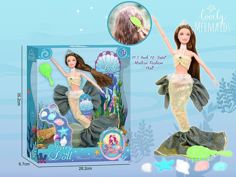 11.5 Inch 12-Joint Mermaid Doll With Comb, Seashell