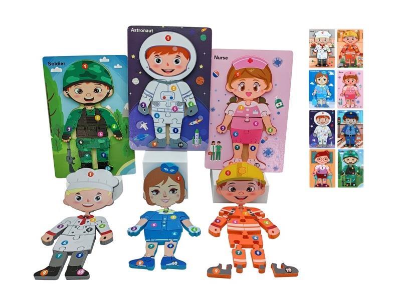 There are multiple wooden puzzle pieces for character occupation recognition