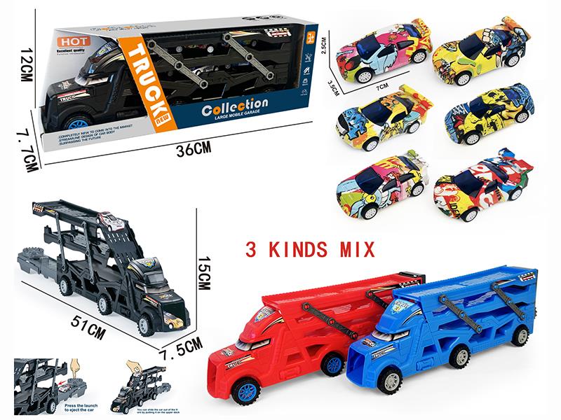 Three-Decker Folding Ejection Container Truck + 3pcs Pull Back Graffiti Racing Cars
