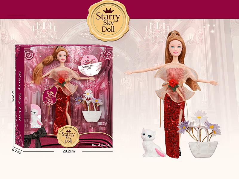 11.5 Inch 11-Joints Fashion Doll With Simulated Bouquet, Handbag, Cat