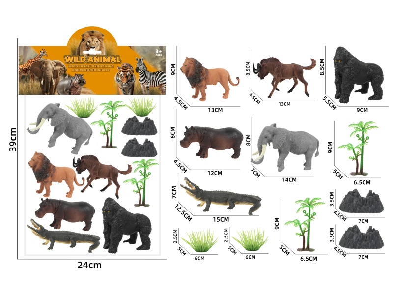 Lion, Wildebeest, Black Gorilla, Hippopotamus, Elephant, Crocodile Simulation Wild Animal Scene Series Set 8