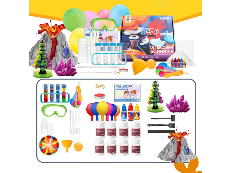 Scientific experiments (132 experiments) + Archaeological volcanic eruptions + crystal planting + Christmas tree