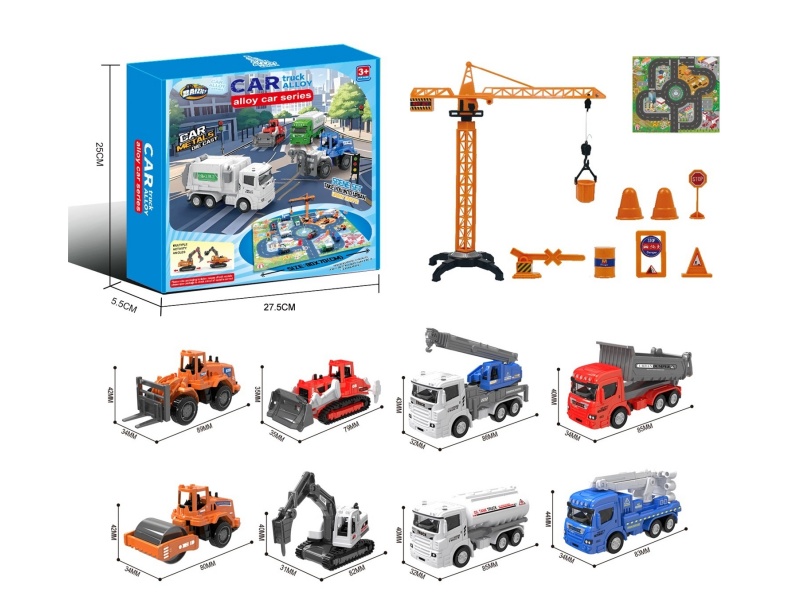 1:64 City Alloy Car Set A/8 Model (Crane Tower/Road Sign/Map)