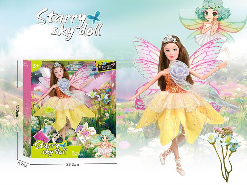 11.5 Inch 11-Joints Flower Fairy Doll With Crown, Butterfly Wings, Simulated Bouquet