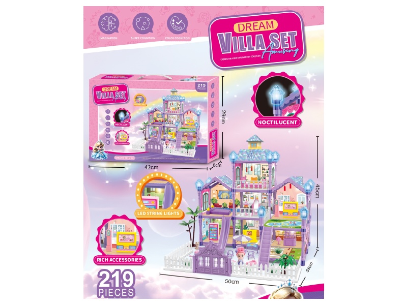 Luminous Diy Princess Villa House Play Castle Set (Diy Assembled Girl Dream House Mansion) 219Pcs