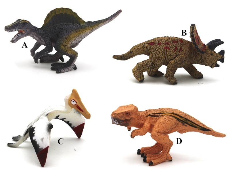 Four Mini Dinosaurs (A Spinosaurus +B Triceratops +C Pterosaur +D Tyrannosaurus) Are Of High Quality