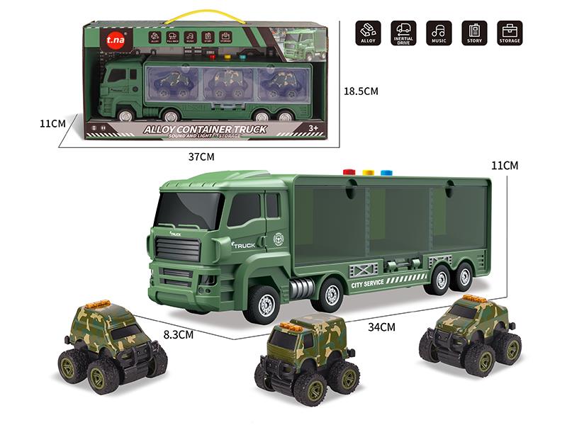 Slide Storage Container Truck With Sound And Light + 3 Pull Back Alloy Off-Road Military Trucks
