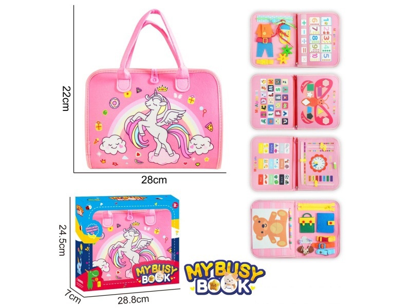 Montessori Early Childhood Education And Intelligence - A 5-Page Pink Unicorn Busy Book Made Of Felt