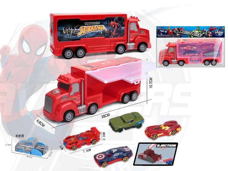 Friction Storage Spider-Man Carrier Truck + 4pcs 7.5cm Slide Alloy Cars + Launcher