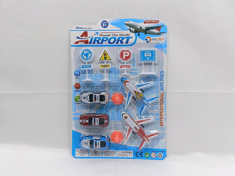 Pull Back Iron Airplanes 2pcs + Road Signs + Pull Back Iron Cars 3pcs