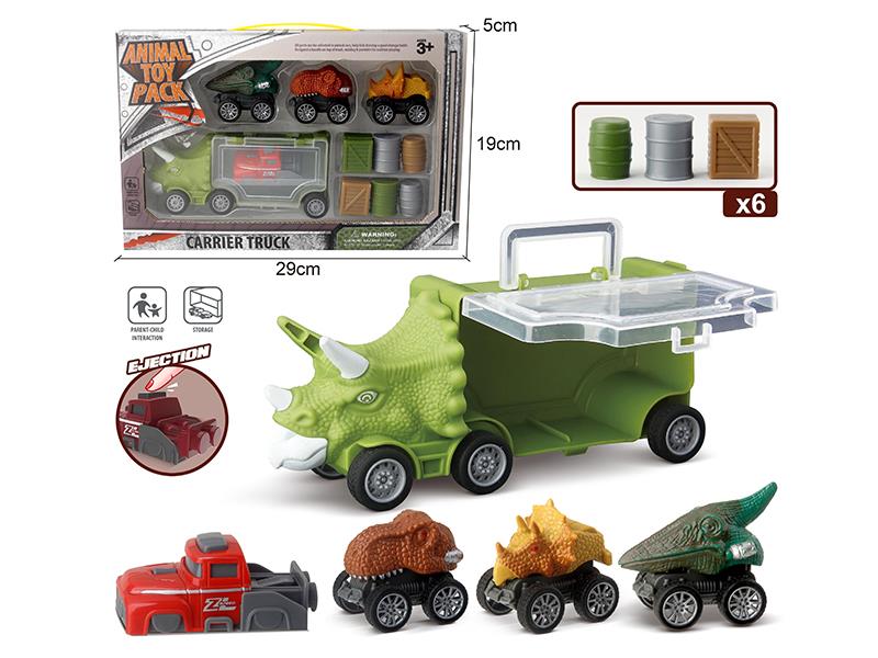 Slide Triceratops Storage Car + 3 Dinosaurs + 1 Launcher + 6 Accessories