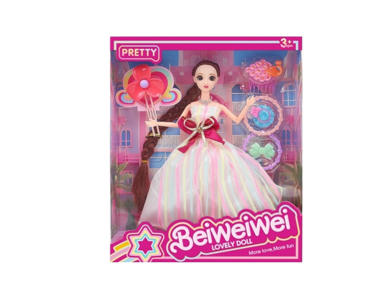 A Mixed Set Of 11.5-Inch, 11-Joint, 28-Centimeter 3D Eye Long Braid Dolls, Flowers And Vacuum-Formed Accessories