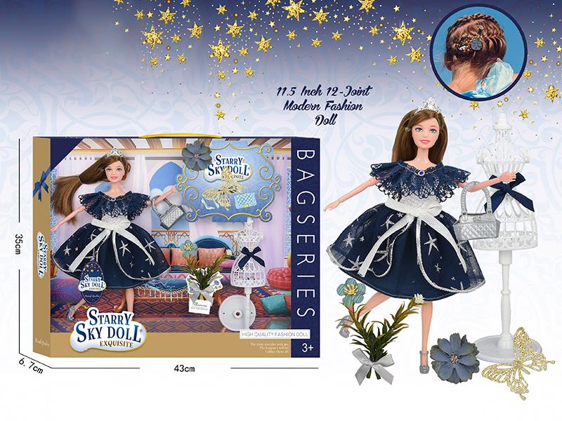 11.5 Inch 12-Joint Doll With Mannequin Hanger, Bouquet, Hair Tie, Butterfly Hair Clip, Crown