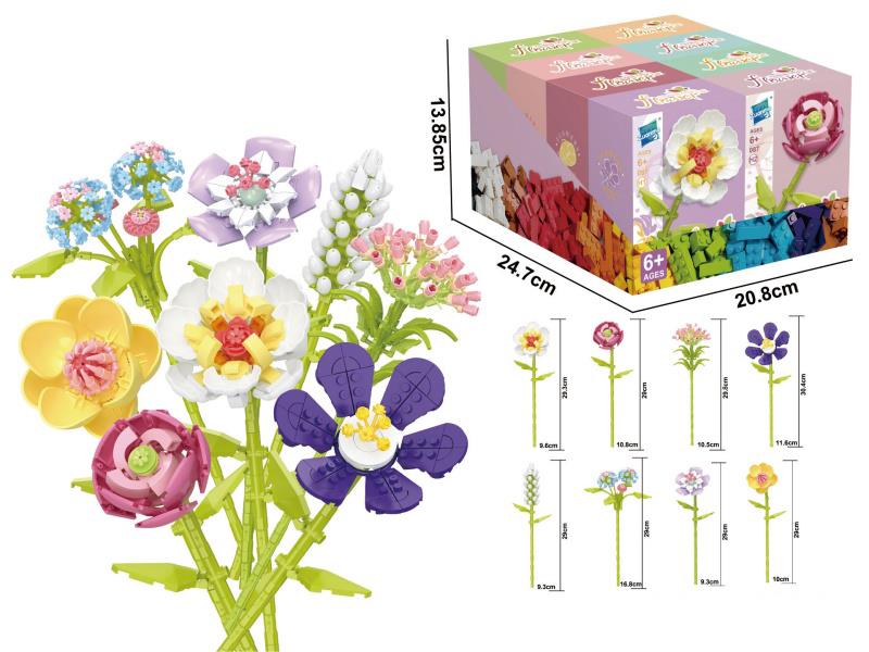 Eight-In-One Flower Bouquet Building Blocks: White Peony, Peony, Butterfly Flower, Crape Myrtle, Lupine, Marigold, Hibiscus, Camellia, 256Pieces