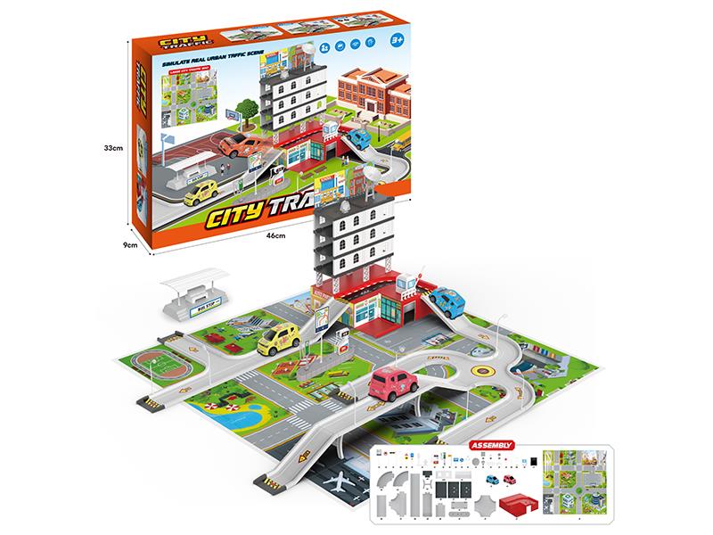 Simulated Track Ctiy Traffic Scene Set(With 2 Pull Back Cartoon Cars)