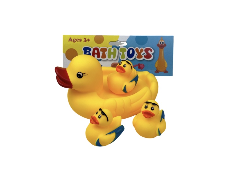 A Large Female Duck Playing In The Bathroom With A Surfing Duck