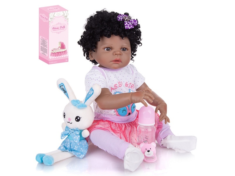 56Cm Rebirth Doll High-Fidelity Baby Doll (Ordinary Pp Car Hair) With Milk Bottle, Magnetic Pacifier, Diaper, Birth Card, Plush Rabbit