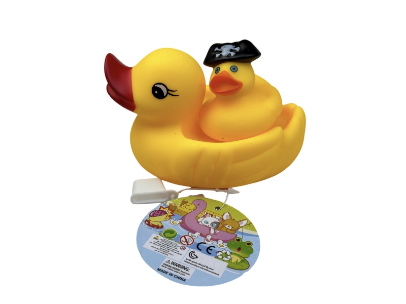 A Little Female Duck Playing In The Bathroom With A Pirate Duck