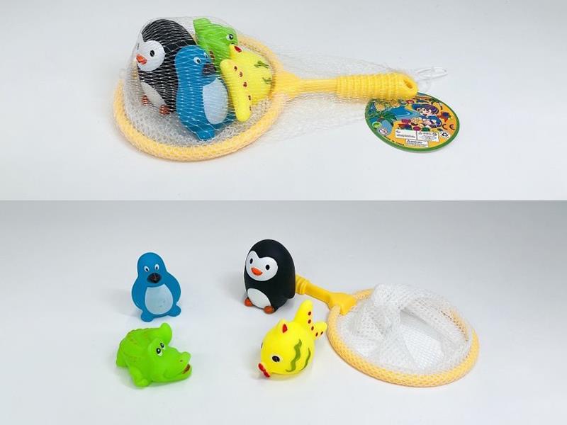 Water Spray Penguin + 3 Animals With BB Whistle + Scoop Net