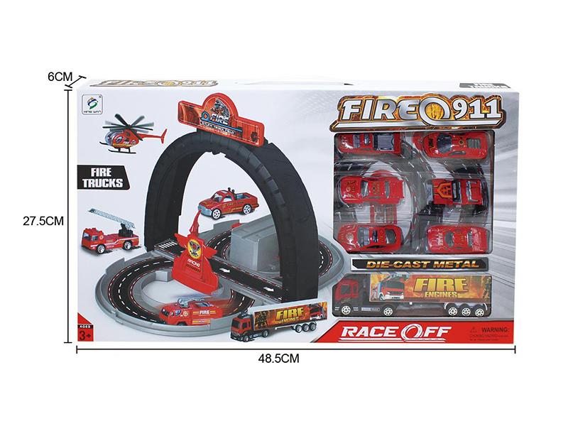 Mini Alloy Fire Car Toy Deformable Tire Parking Lot Set