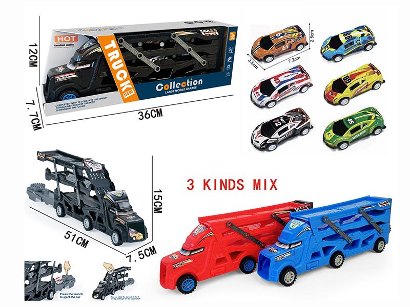 Three-Decker Folding Ejection Container Truck + 3PCS 7.2CM Pull Back Iron Racing Cars