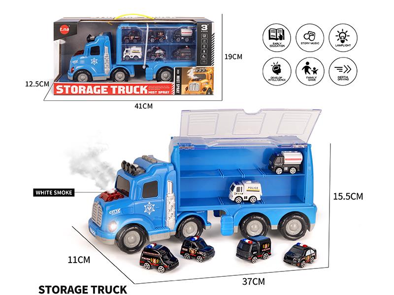 Storage Container Truck(With Sound And Light,Spray) + 6 Pull Back Alloy Police Cars