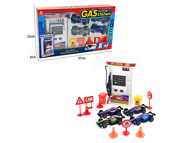 Gas Station Set With Lights And Music(4 Pull Back Equation Cars)