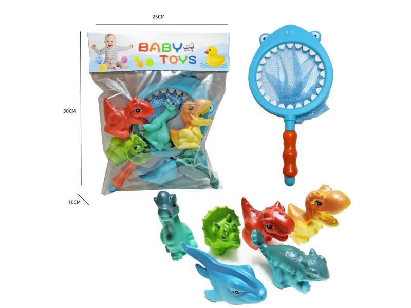 Shark Fishing Net + Soft Rubber Dinosaur Set (7-Piece Set) Cross-Border Bathroom Fish Fishing Toys, Bath Toys, Fish Fishing And Bathing Toys, Water Play Children'S Rubber Animal Toys