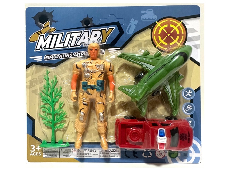 A 12Cm Soldier Is Equipped With A Taxiing Passenger Plane, A Taxiing Police Car And A Tree