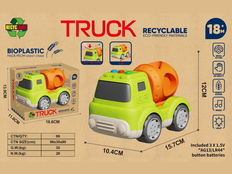 Straw Material Cartoon Sliding Engineering Mixer Truck (Lights And Music)