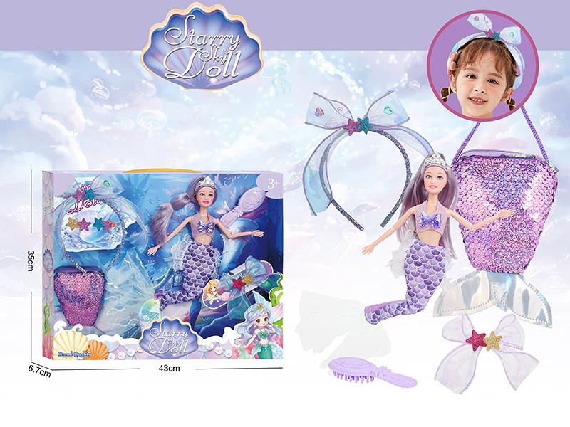 11.5 Inch 11-Joints Mermaid Princess Doll With Hair Hoop, Children's Mermaid Bag, Comb, 3 Hair Clips