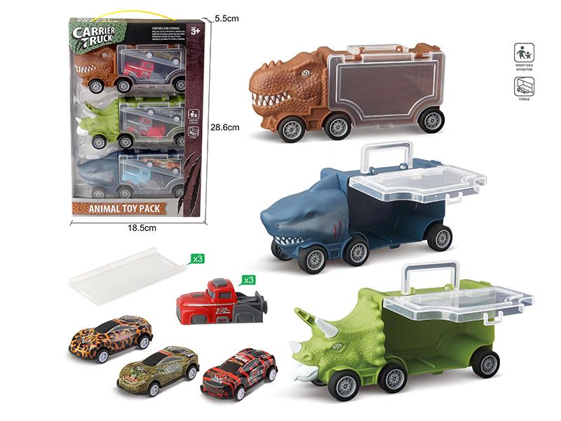 Triceratops Storage Car + Shark Storage Car + Tyrannosaurus Rex Storage Car + 3 Iron Cars + 3 Launchers + 3 Boards