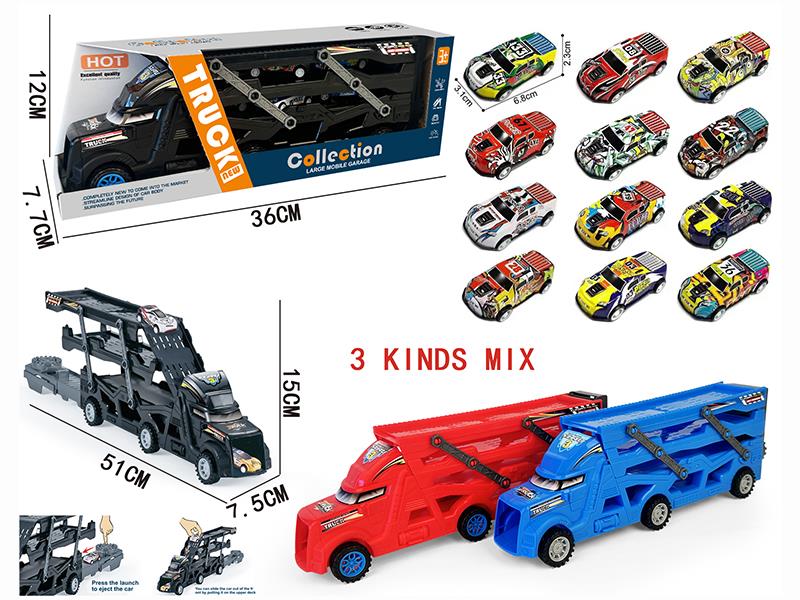 Three-Decker Folding Ejection Container Truck + 3PCS 6.8CM Pull Back Pickup Graffiti Iron Cars