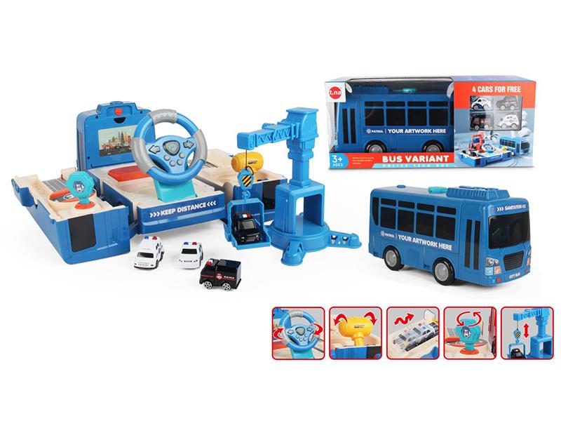 Simulation Driving Deformation Bus(With Sound And Light,Story) + Tower Crane + 4 Pull Back Alloy Police Cars