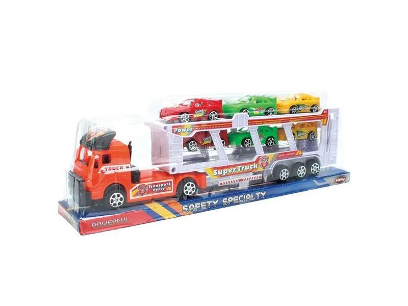 Friction Double-Decker Trailer With 6 Slide Race Cars