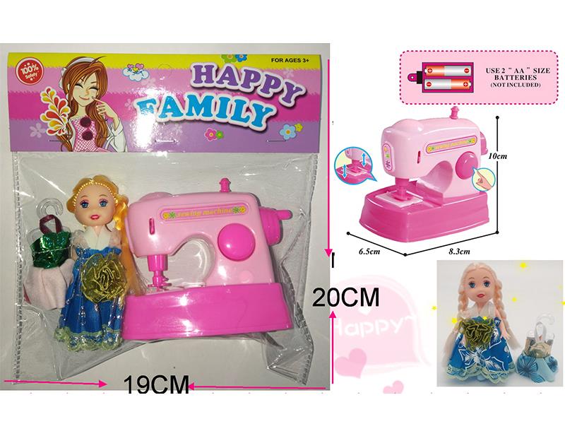 B/O Sewing Machine + Doll + Clothes