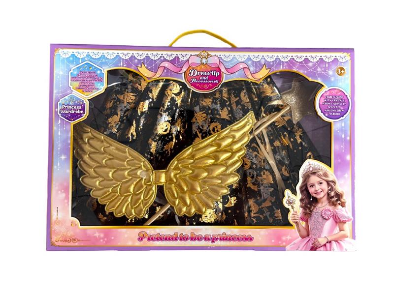 Princess Dress Costume, Halloween Costume, Golden Witch Dress, Angel Wings, Fairy Wand Three-Piece Set